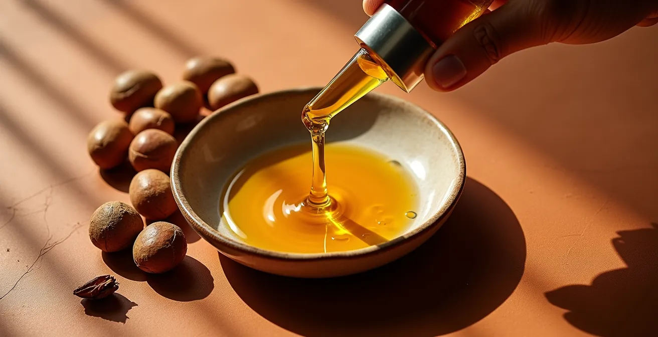 Detalle de aceite de argán puro mostrando textura y color dorado característico