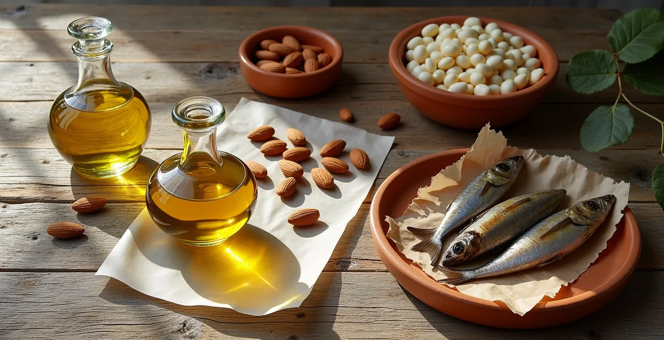 Bodegón de alimentos mediterráneos ricos en nutrientes para fortalecer las uñas