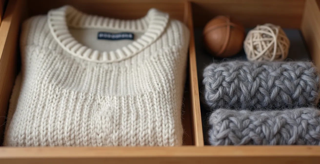 Jersey de lana merina doblado correctamente en cajón de madera con bolsitas de cedro