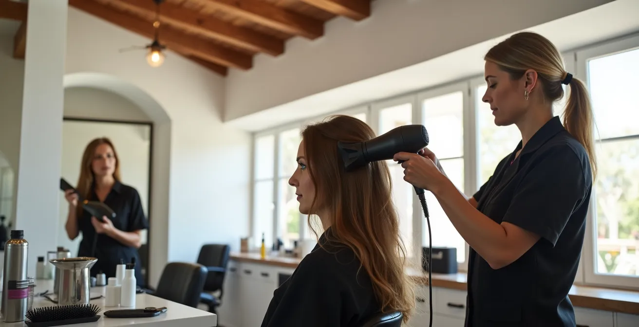 Estilista profesional usando técnica de brushing con secador a temperatura media en salón español