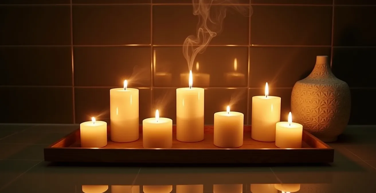 Velas aromáticas creando ambiente cálido con luz dorada en baño oscurecido