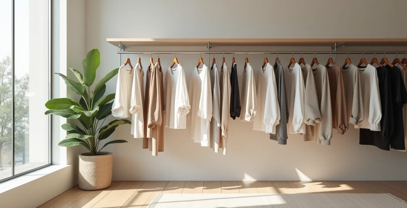 Armario cápsula organizado con prendas neutras y atemporales en perchas de madera