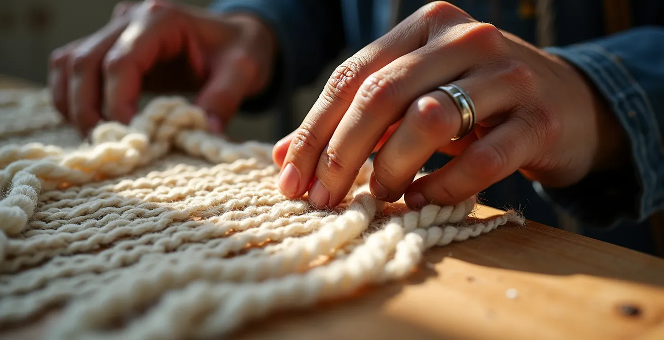 Manos artesanas trabajando telares tradicionales en taller español con luz natural