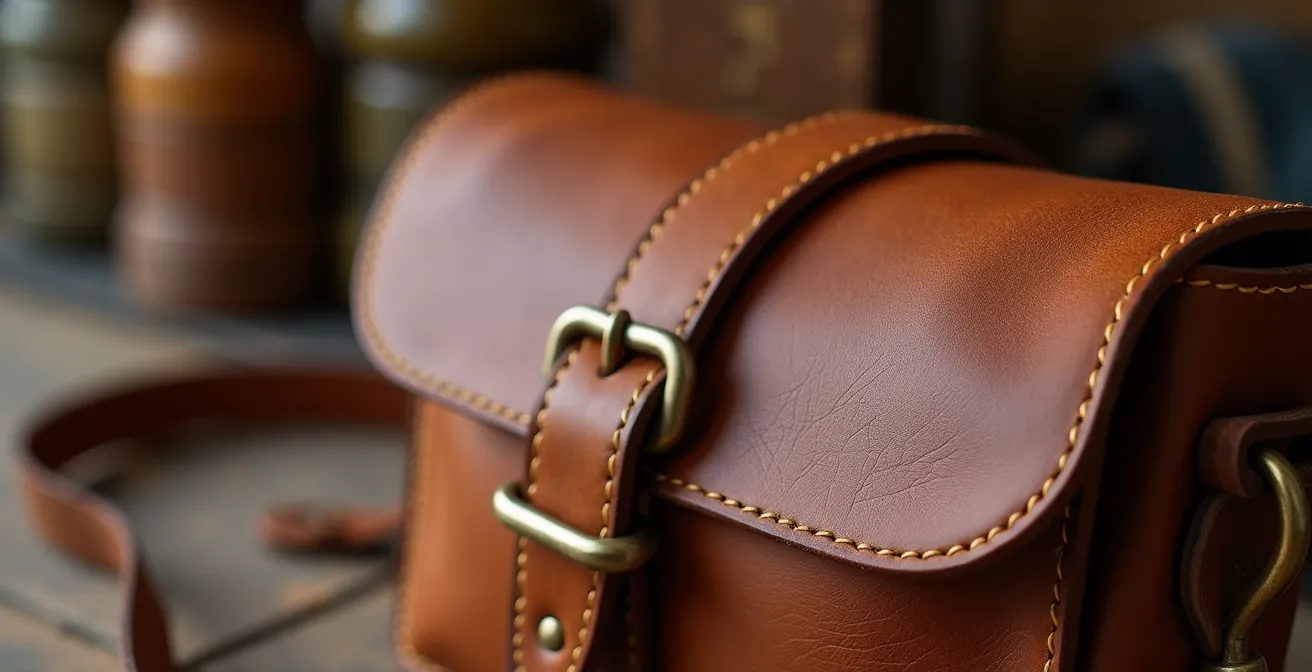 Detalle macro de bandolera de cuero artesanal con texturas naturales y herrajes dorados