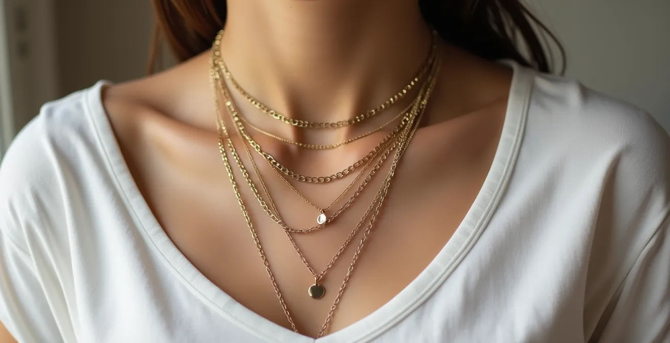 Estilismo de collares en capas sobre camiseta blanca
