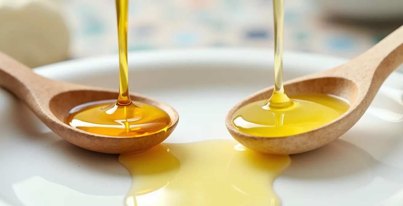 Botellas de aceite de almendras y jojoba con textura visible en cucharas de madera