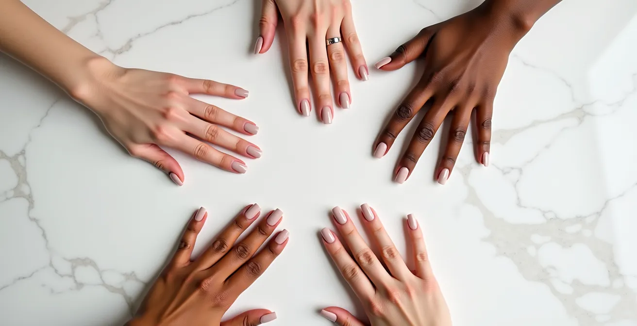 Vista superior de cinco manos mostrando diferentes formas de uñas largas desde almendra hasta stiletto