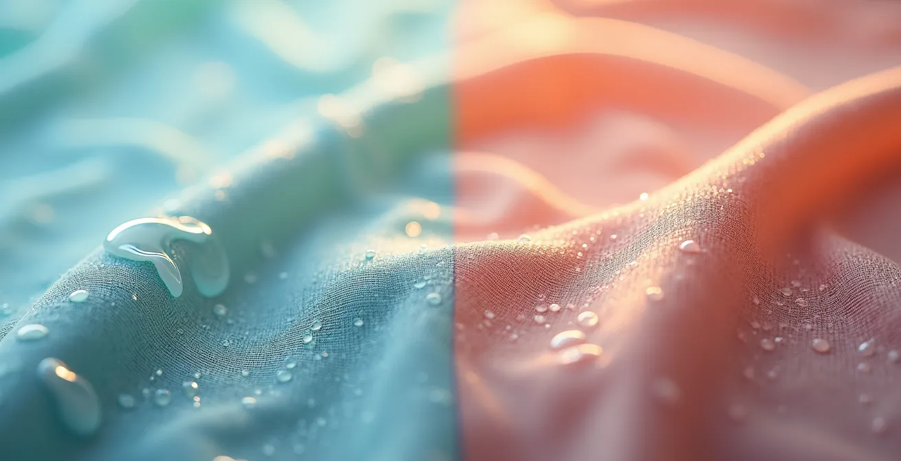 Vista macro de fibras de viscosa absorbiendo humedad versus fibras de poliéster donde el agua queda en la superficie.