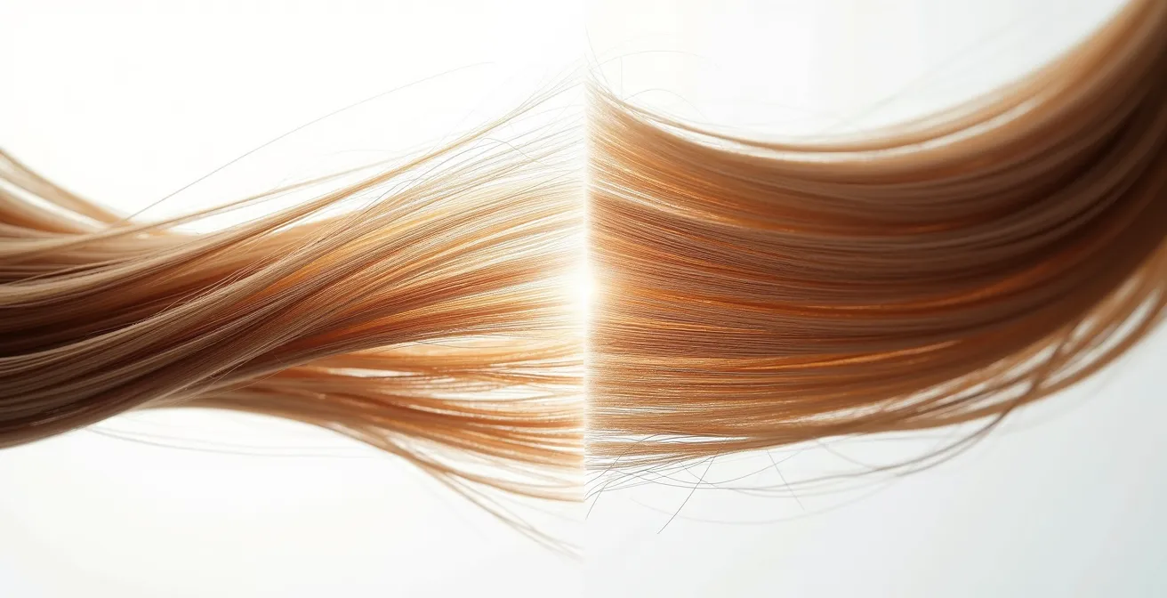 Vista macro extrema de una hebra de cabello mostrando la diferencia entre una punta dañada y una tratada con producto sellador