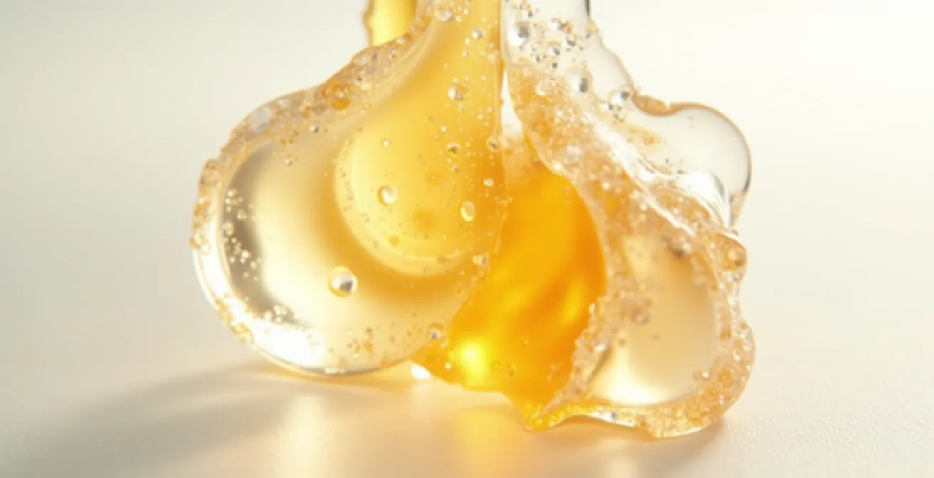 Composición macro abstracta de texturas de sérum cosmético con reflejos dorados y transparentes sugiriendo renovación celular