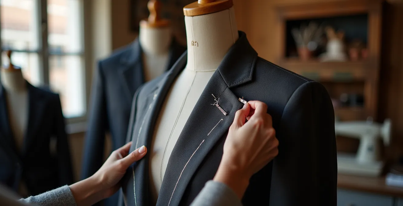 Manos expertas ajustando una blazer con alfileres y marcas de tiza