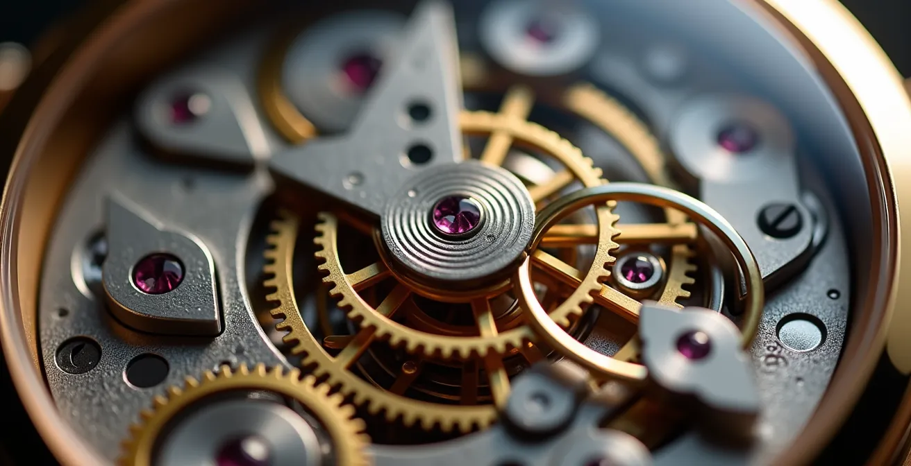 Vista macro del rotor de un reloj automático en movimiento con profundidad de campo reducida