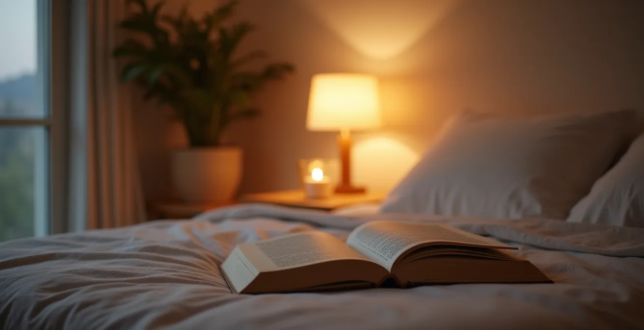 Dormitorio minimalista iluminado con luz cálida natural, mesita de noche con libro y vela, ambiente sereno sin tecnología