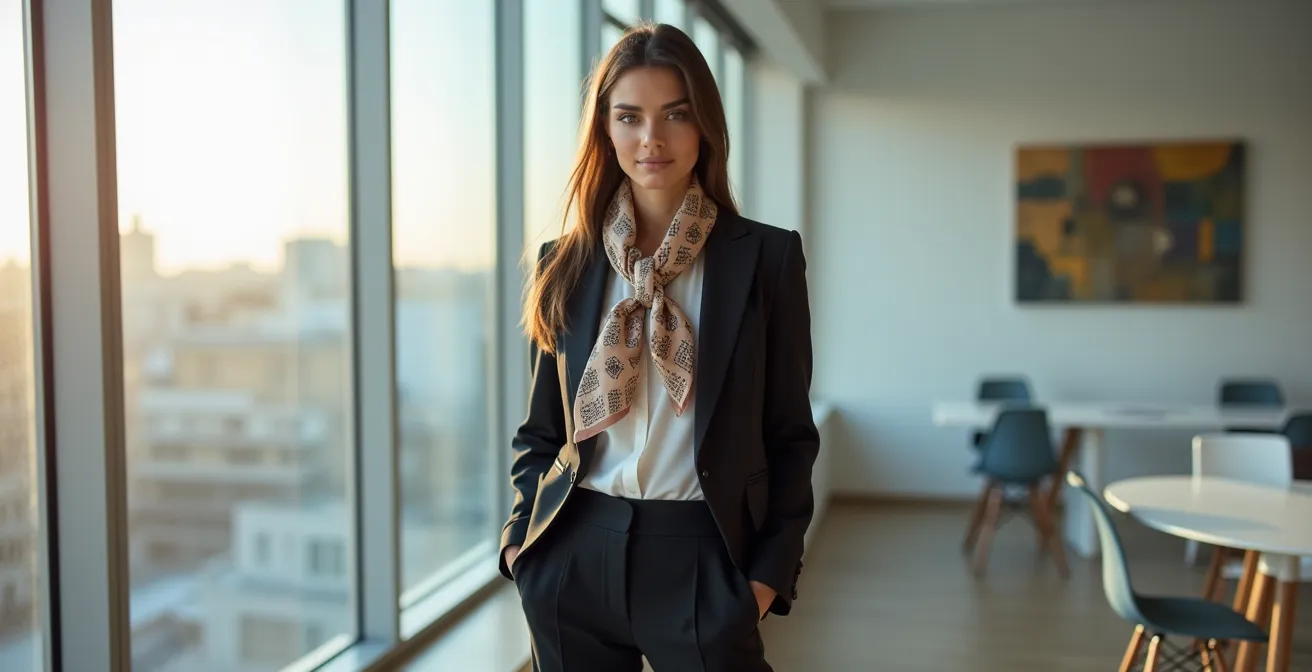Profesional en oficina de Madrid con pañuelo de seda anudado de forma asimétrica y moderna