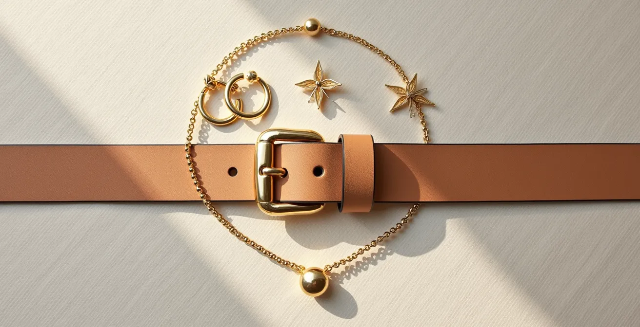 Composición mostrando la coordinación entre hebilla de cinturón y joyas en un look equilibrado