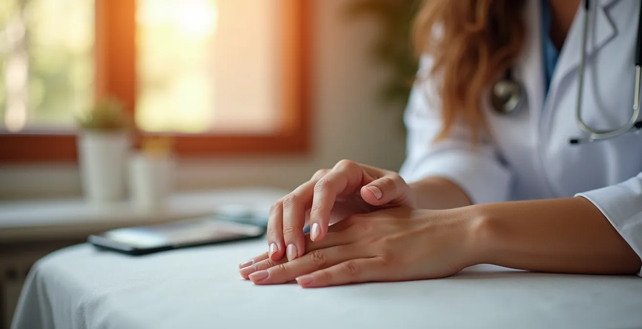 Primer plano de uñas con diferentes señales de salud incluyendo líneas verticales y manchas blancas