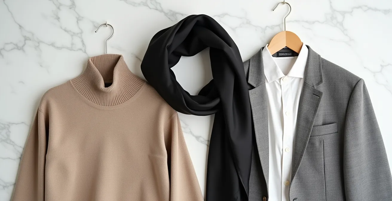 Composición minimalista de prendas en tonos neutros mostrando diferentes texturas