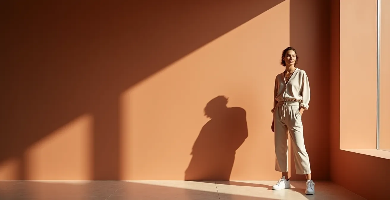 Mujer con postura segura vistiendo prendas básicas con actitud de alta costura