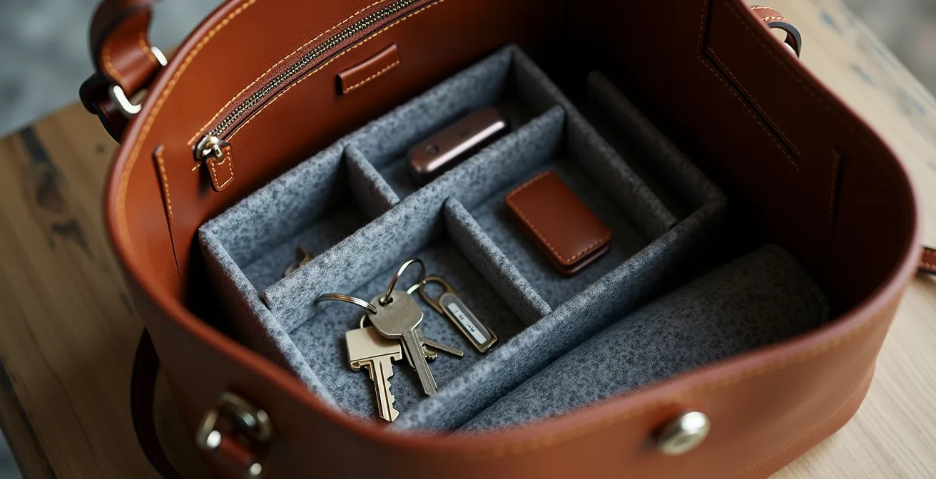 Interior de bolso de lujo con organizador de fieltro gris mostrando compartimentos ordenados