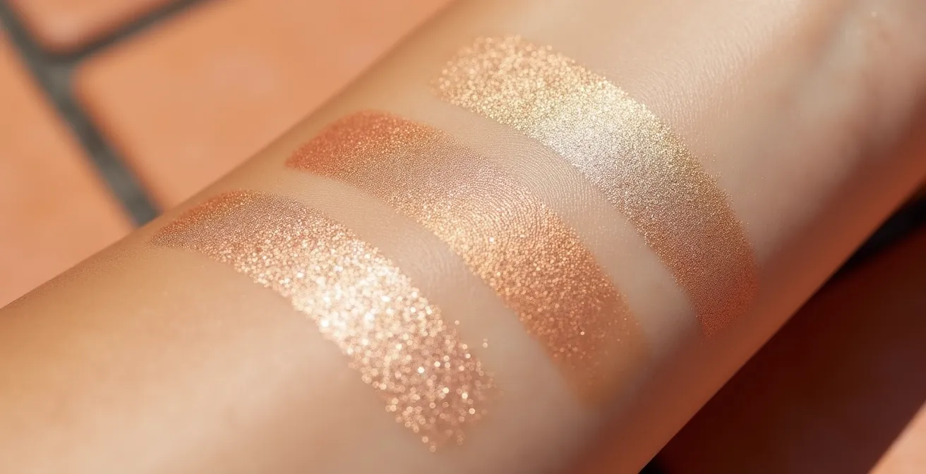 Paleta de iluminadores en tonos champán, dorado y rosado sobre piel mediterránea