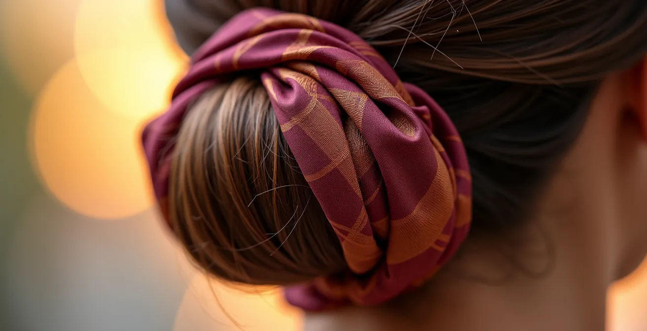 Detalle macro de pañuelo de seda twill anudado en coleta con técnica profesional