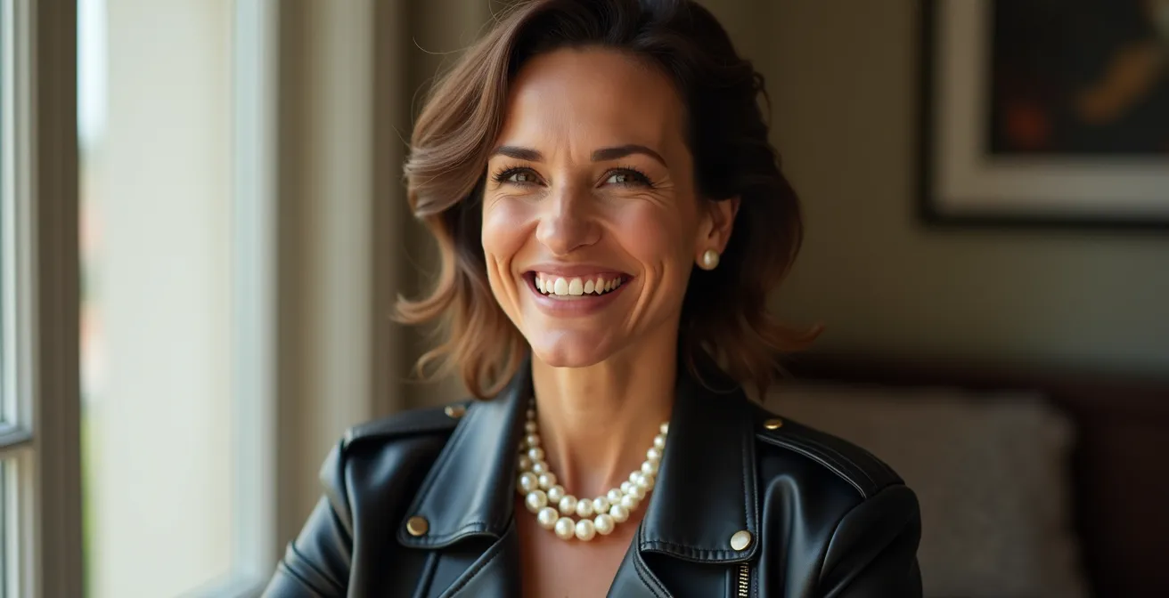 Collar de perlas barrocas combinado con una cazadora de cuero en un estilo moderno y actual.