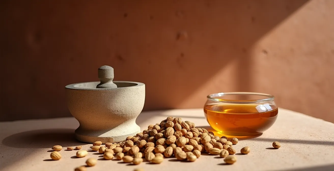 Proceso de extracción en frío del aceite de argán cosmético, mostrando una muela de piedra tradicional.