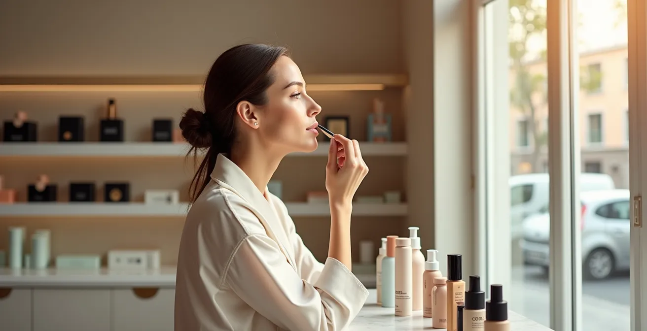 Mujer probando base de maquillaje en la mandíbula bajo luz natural en perfumería