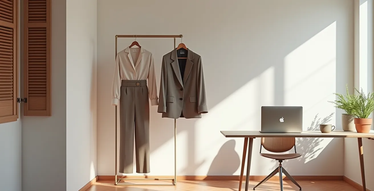 Espacio de trabajo en casa con ropa profesional preparada para la jornada laboral