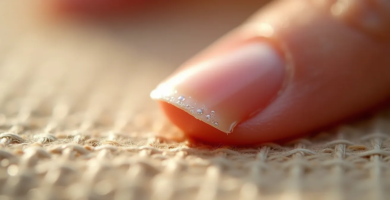 Vista macro de uña mostrando señales de daño: manchas blancas y descamación superficial