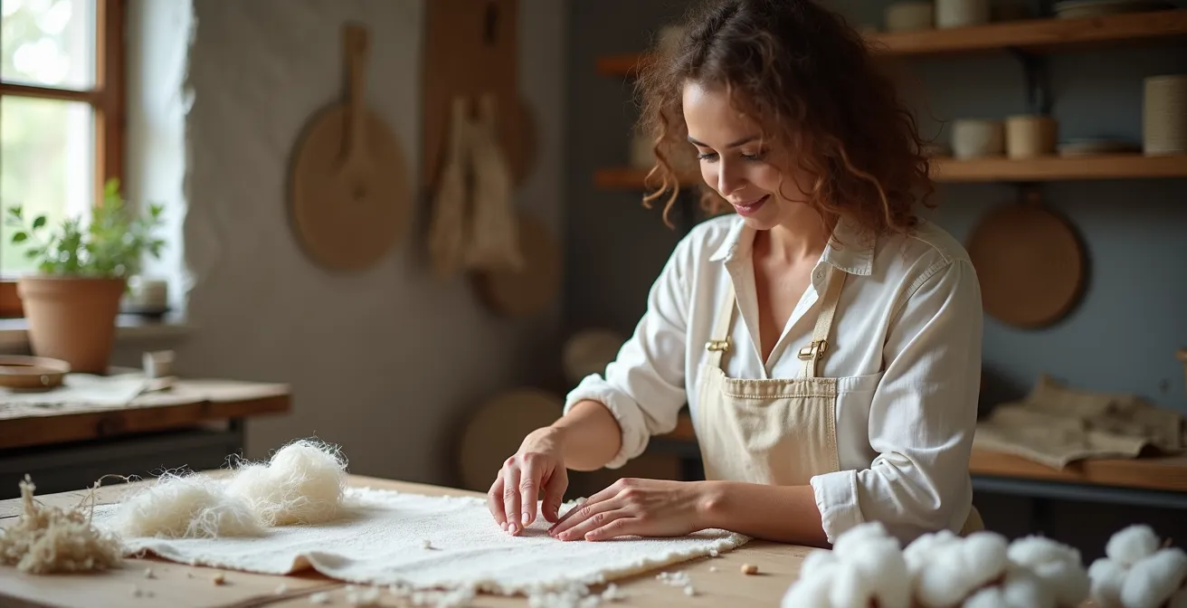 Taller de producción textil local en España con trabajadores en condiciones éticas