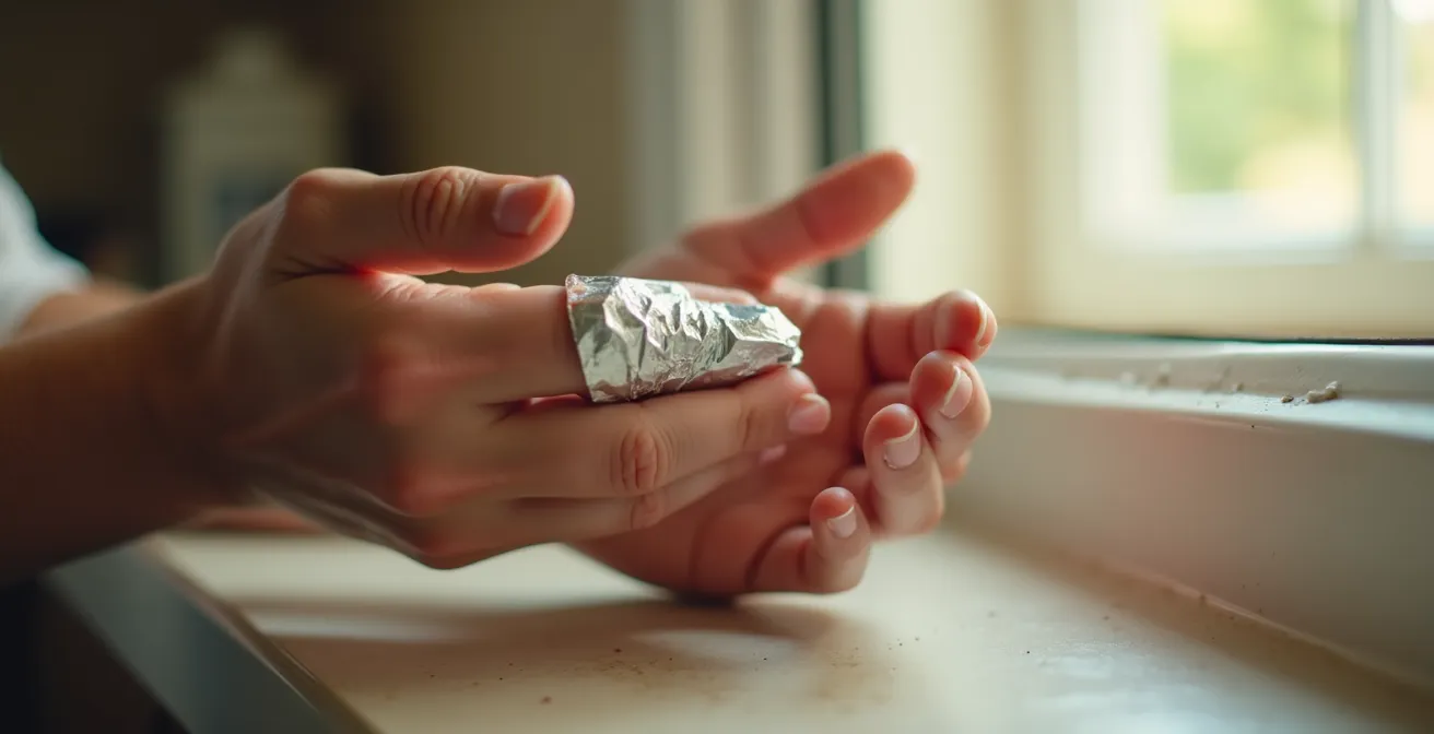 Manos con dedos envueltos en papel de aluminio durante proceso de retirada de esmalte