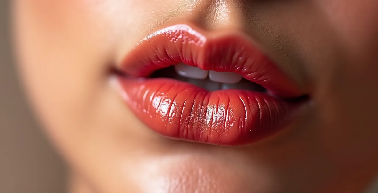 Detalle macro de unos labios con un punto de iluminador aplicado en el arco de Cupido para crear volumen.