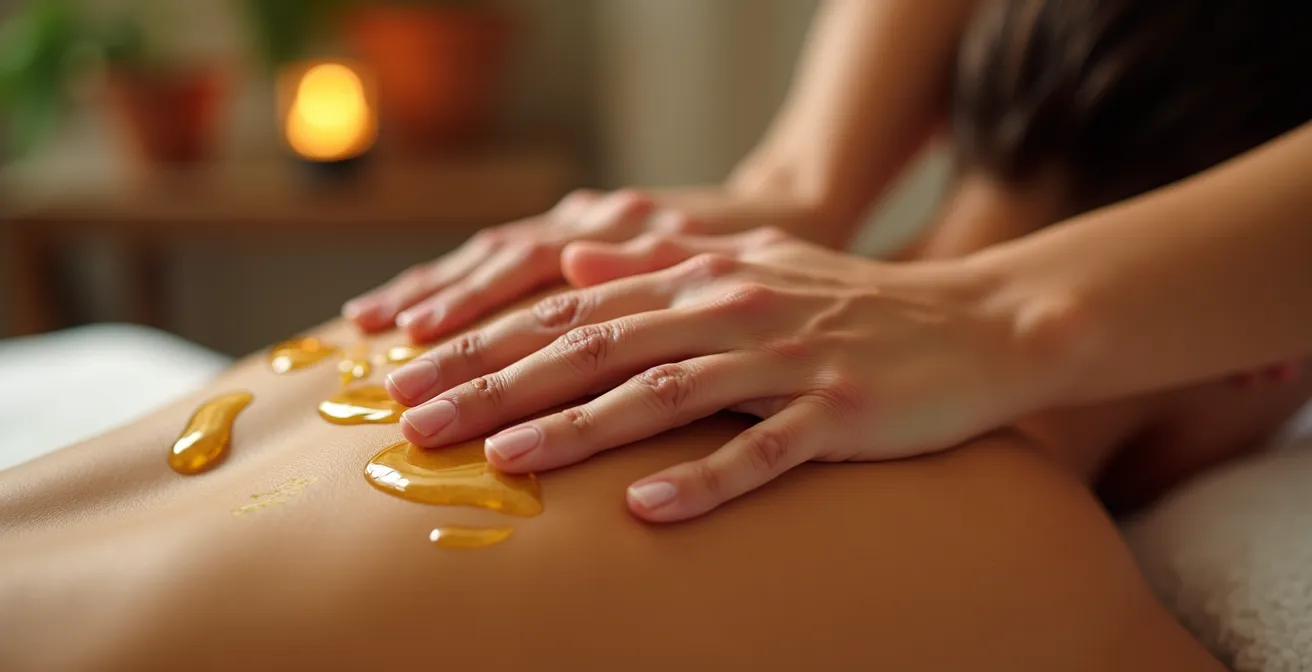 Manos realizando masaje ascendente en espalda con aceite dorado visible