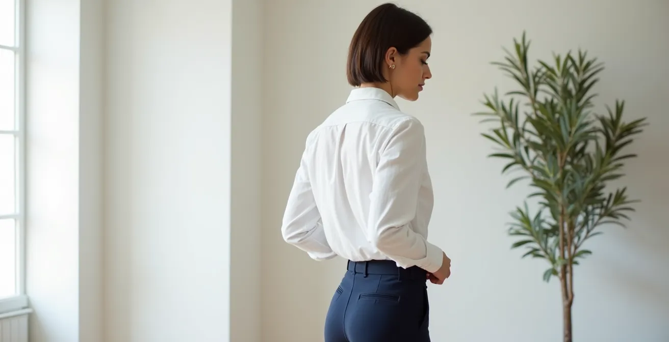 Mujer demostrando la técnica de meter la camisa por dentro para estilizar la figura