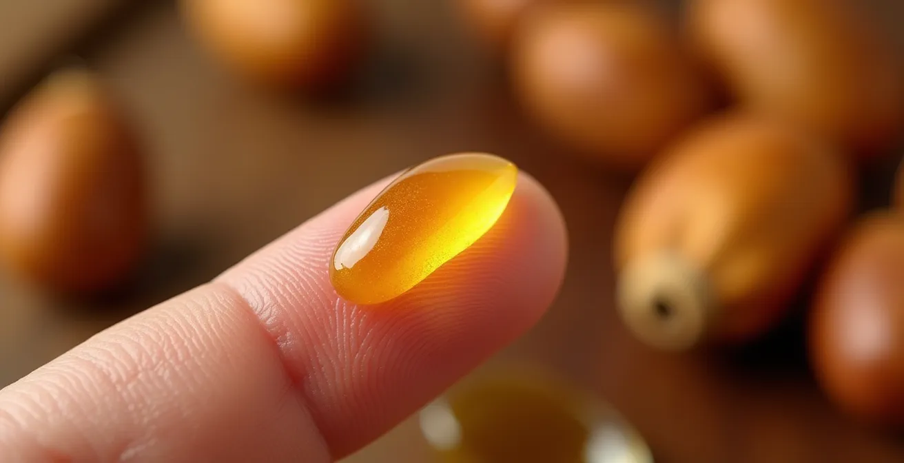 Demostración del test olfativo del aceite de argán puro donde se aprecia su textura dorada.