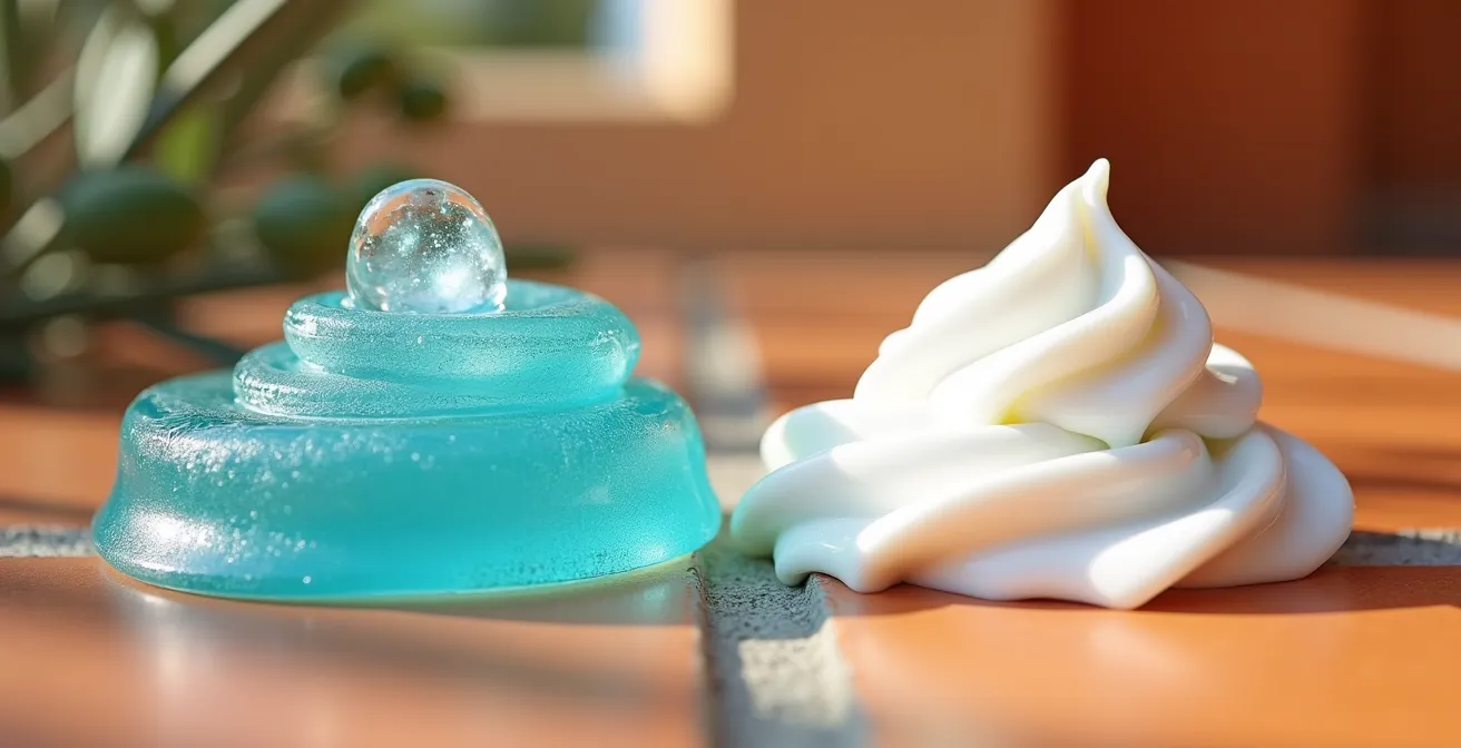 Comparación de texturas gel y crema para pieles con brillos antes del maquillaje