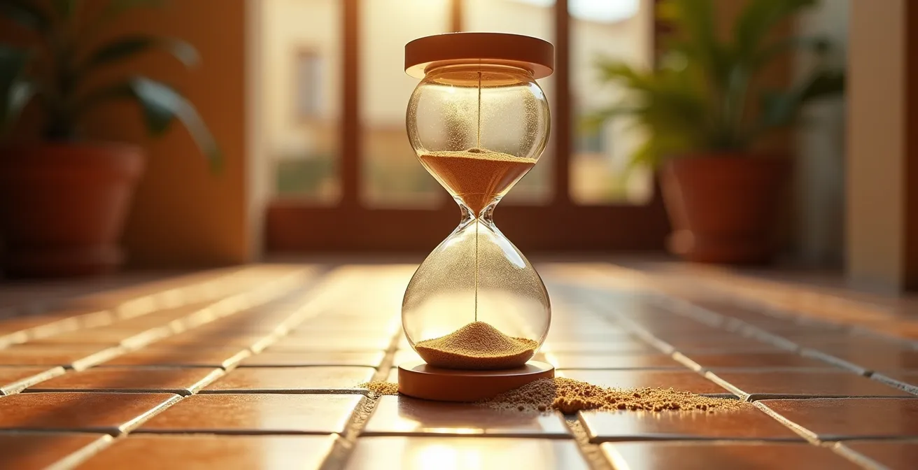 Reloj de arena dividido mostrando contraste entre tiempo en salón y tiempo de secado en casa