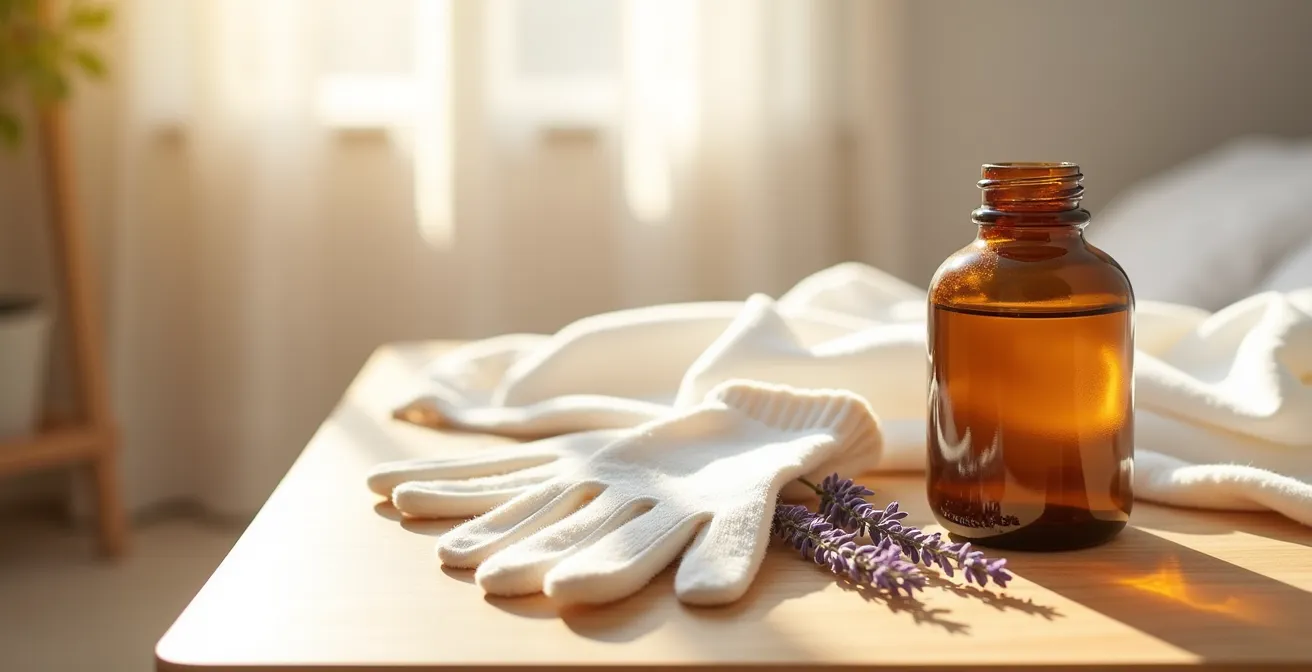 Manos con tratamiento nocturno y guantes de algodón en ambiente relajante