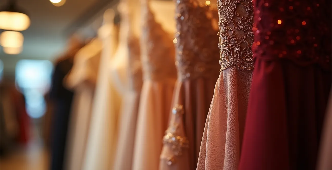 Selección de vestidos de fiesta de lujo en un perchero de una boutique de alquiler, mostrando texturas de seda y encaje.