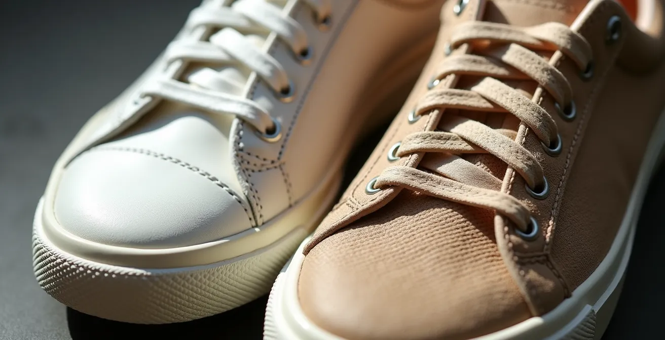 Comparación visual entre zapatillas de piel y lona en contexto urbano