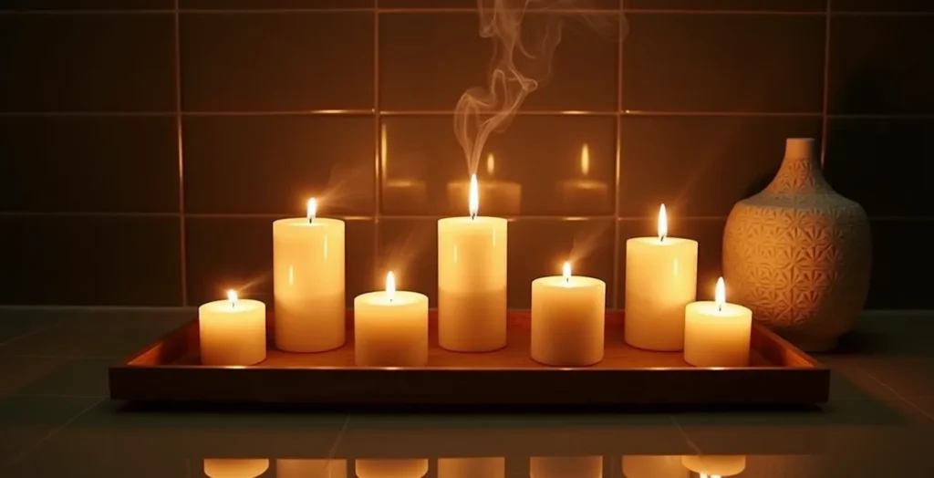 Velas aromáticas creando ambiente cálido con luz dorada en baño oscurecido Velas aromáticas creando ambiente cálido con luz dorada en baño oscurecido